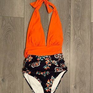CUPSHE Orange & Blue Halter Top One-Piece with Floral Print Size S